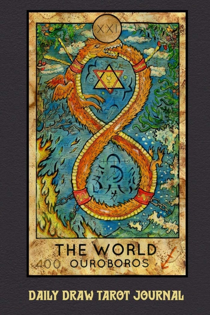The World card relies on a significant number of myths. In this image, the wreath is an ouroboros, an ancient symbol of a serpent eating its own tail. It's a popular image in alchemy.