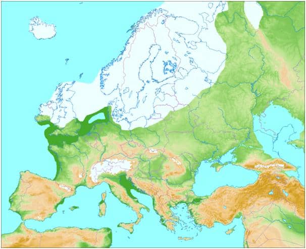 Image shows European Land Mass, up to 15,000 years ago. The lands off the coast of Cornwall would have been above sea level at this point.