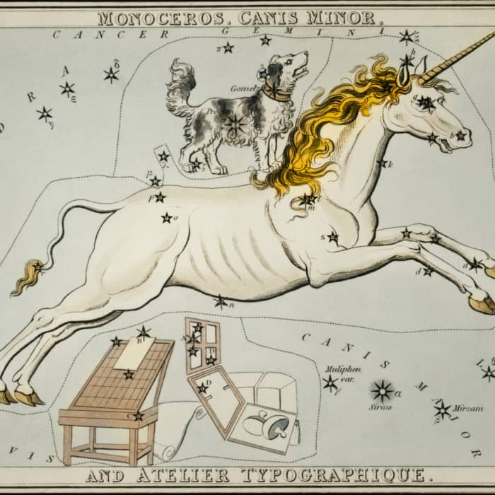 Astronomical chart illustration of the Monoceros, Canis Minor and the Atelier Typographique by Sidney Hall.