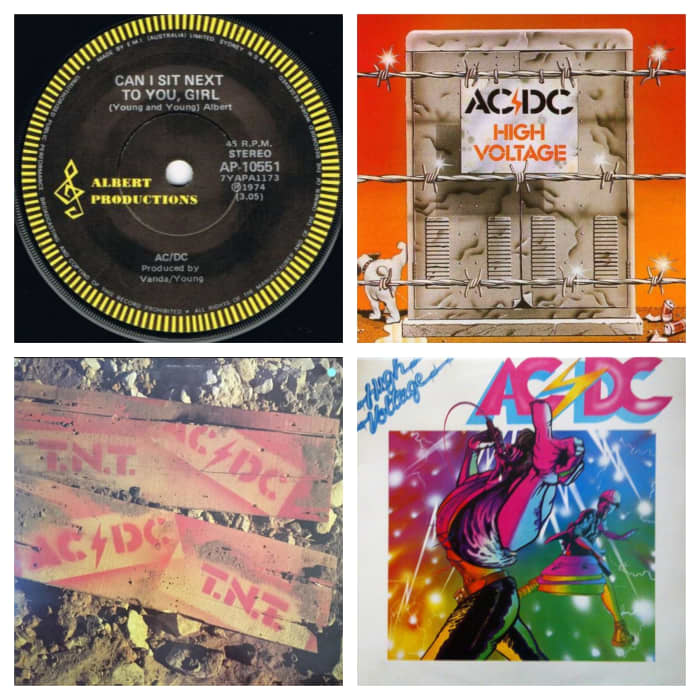 Top: "Can I Sit Next To You Girl" single and Aussie "High Voltage" LP; bottom: Aussie "TNT" LP and European "High Voltage" LP
