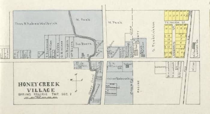 Map of Honey Creek Village with the location of the school marked. This map is from c. 1930.