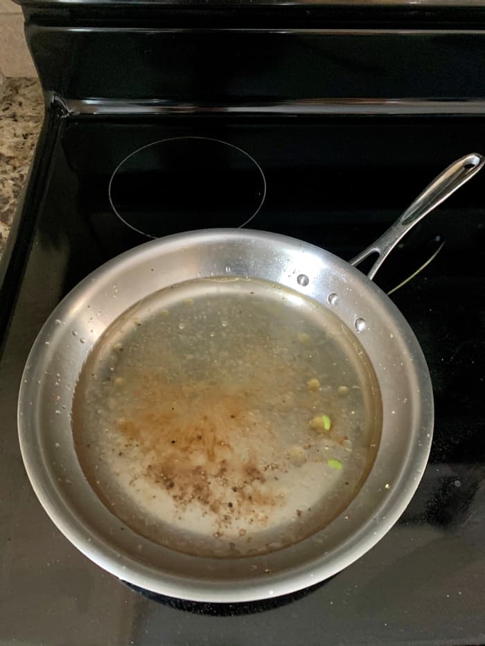 Covering the bottom of a hot pan with water and letting it soak on the hot burner will loosen stubborn foods and make clean up much easier.