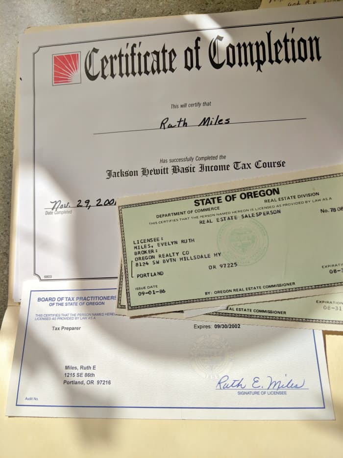 Mom kept her Real Estate and tax preparer licenses current for many years. She was on top of all her FEMA accreditations, training and so forth right up to the end of her life