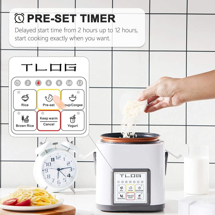 The TLOG Mini Rice Cooker has a preset feature. Cooking can be delayed between 2 to 12 hours in two-hour increments