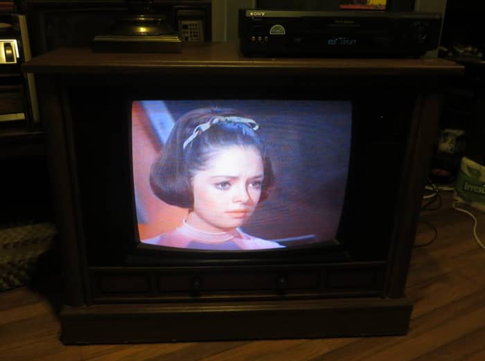 Angela Cartwright as Penny Robinson on the Crosley Color Television assembled in Greenville Tennessee. Model Number CC2546-P102. Lost in Space (TV Series) Junkyard in Space (1968) Columbia House Collectors VHS tape.