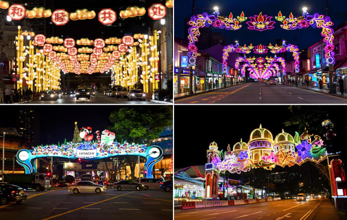 Ethnic celebrations in the Lion City. Clockwise from top left: Chinatown Lunar New Year Light-Up, Little India Deepavali Light-Up, Geylang Serai Hari Raya Puasa Light-Up, and Orchard Road Christmas Light-Up.
