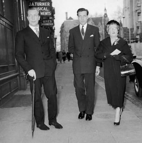 From left to right, John Aspinall, John Burke, and Aspinall's mother, Lady Osborne, arrive for a court hearing, all charged with gaming offences, 15th February 1958. (They were acquitted)