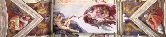 Depicted here is the 6th bay of Sistine Chapel ceiling by Michelangelo. It's a timeless piece of religious artwork that, by today's censorship standards, is inappropriate.