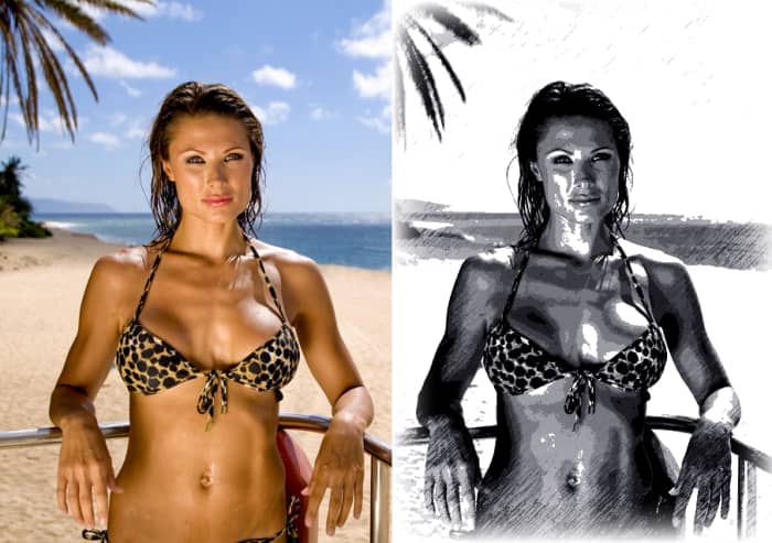 On the left is a stock photo of a woman in a bikini. On the right is the same image made to look artistic using a few Photoshop effects. Which one would be easier to make an argument for as art?