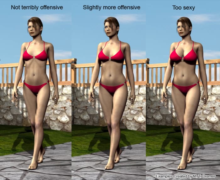 I've enlisted the help of Victoria, a morph-able 3D model, to illustrate my point. Just by making subtle modifications to body shape, the image becomes progressively more inappropriate. Sorry, curvy ladies, but you were born offensive.