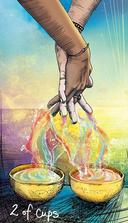 The Two of Cups is about allowing yourself to be seen. You're not trying to hide. You're not putting on a mask. You allow love to be your guide. Your self-acceptance has invited a like-minded person into the mix.