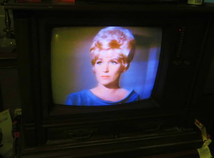 Nurse Christine Chapel, Star Trek VHS Tape on the 1980 Curtis Mathes Model G550, Color Television Console, Early American Design, Chassis C81-7 Medium Pecan. Both the tape and the television had been in a storage shed for countless years.