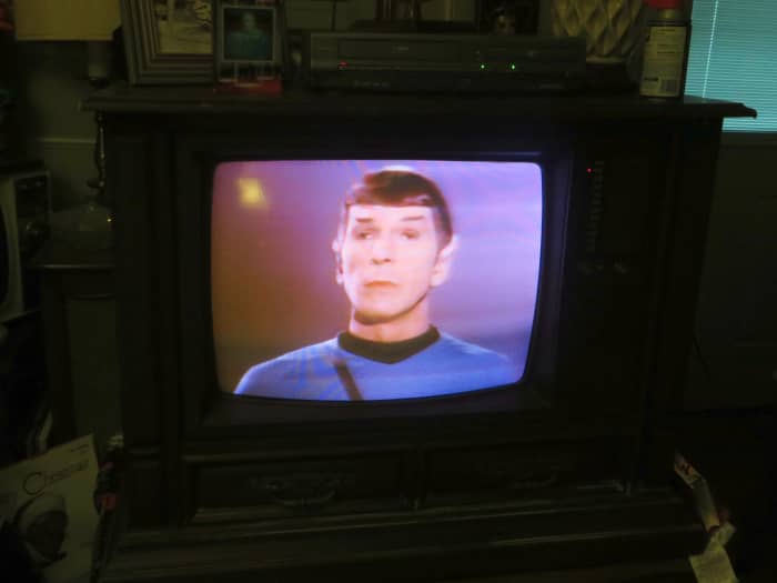 Leonard Nimoy as Mr. Spock, Star Trek VHS Tape on the 1980 Curtis Mathes Model G550. Color Television Console, Early American Design, Chassis C81-7 Medium Pecan. Both the tape and the television had been in a storage shed for countless years.