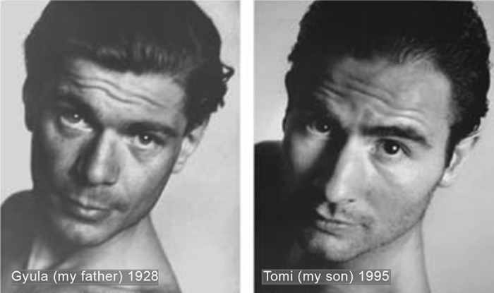 The genetic resemblance of a grandfather and grandson at the same age. Observe Tomi's further receding hairline.