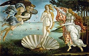 The Birth of Venus Sandro Botticelli, c. 1482–1486 tempera on canvas 172.5 × 278.5 cm, 67.9 × 109.6 in Uffizi, Florence