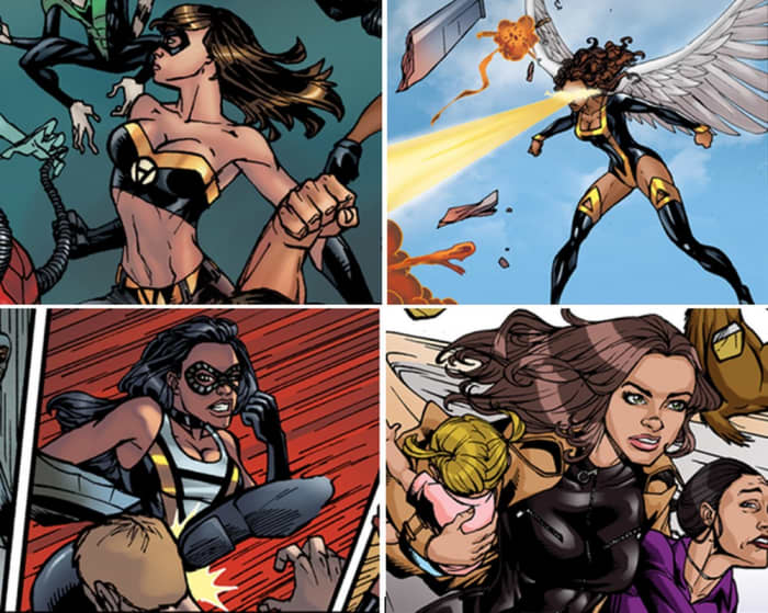 Voluntaryist Vixens (modern definition of vixen: smart, hot, pretty, sexy female) fighting for funnybook freedom are (clockwise from top left) petite Voluntaria, Amazon Agora, diminutive Lil' V and cagey AnCat,