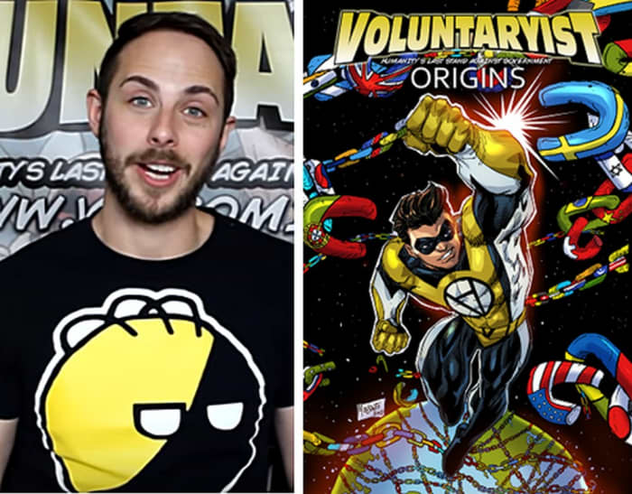 Comic Creator Jaime Sherman with his new Voluntaryist Origins superhero comic cover