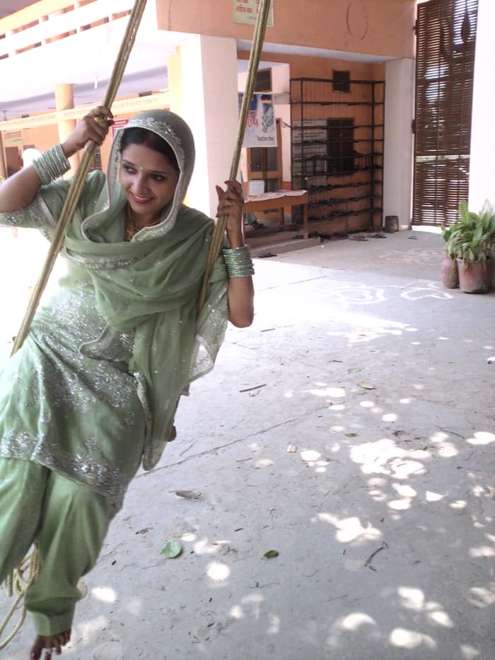Haryali Teej is a festival when girls play on swings that are set up under trees or open courtyards.