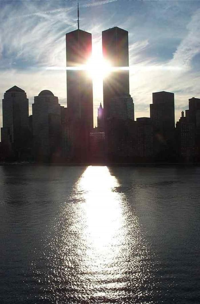 The pristine image of the World Trade Center Twin Towers will always be remembered with the backdrop of blue skies.