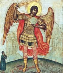 Archangel Michael, commander supreme of the angles of God, in the name of God defeats Lucifer who was then sent by God to guard the negative forces of the universe at the entrance of the abyss