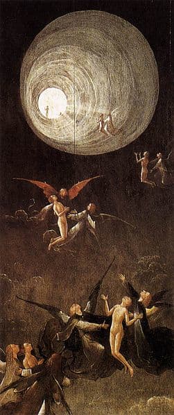 "Ascent of the Blessed" a painting by Hieronymus Bosch (1490 and 1516 AD), that depicts a tunnel of light and spiritual figures as reported in most of the near-death experiences.