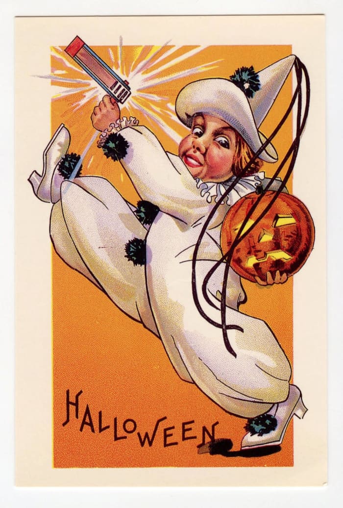 Vintage Postcard of a Young Child - too young for Trick-or-Treat, but not too young for a noisemaker!