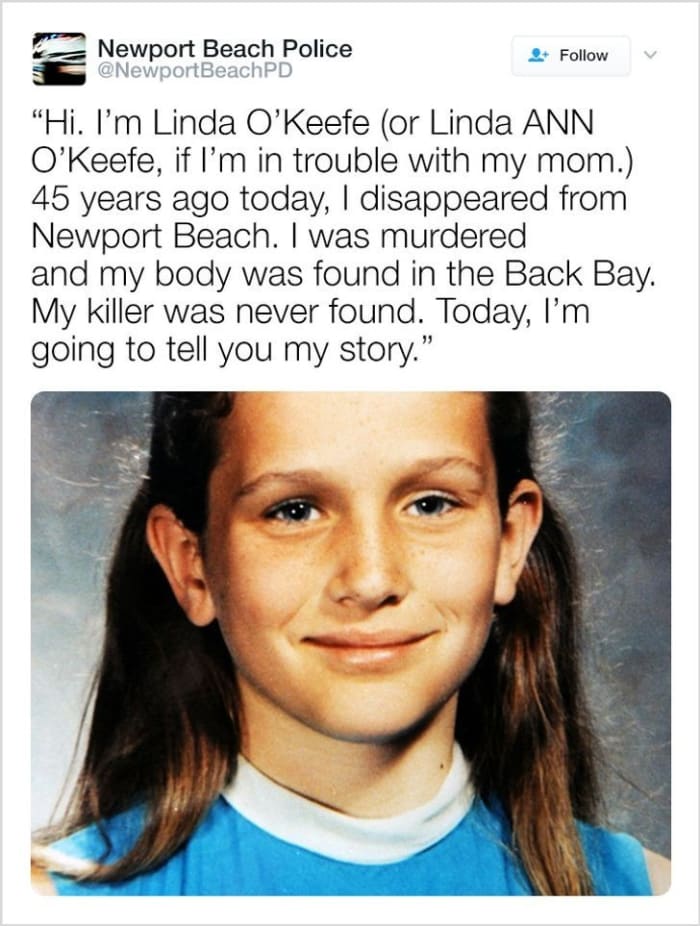 Tweet from Newport Police Department in 2018 to help raise awareness of the murder of Linda O’Keefe in July 1973.Photo courtesy of Newport PD.