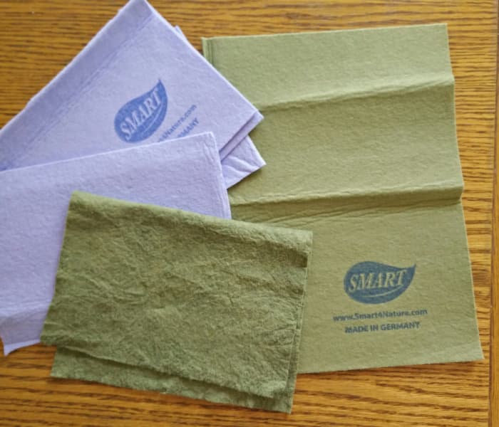 2 Green cloths were cut from a full size sheet and are what I use most. The purple sheet was cut in 4 pieces for quick wipe sized cloths.