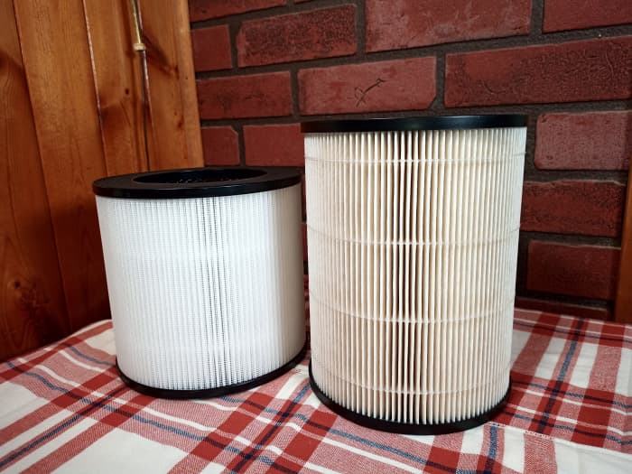 The larger Kyvol HEPA filter appears slightly yellow as it has been in use for about five weeks.