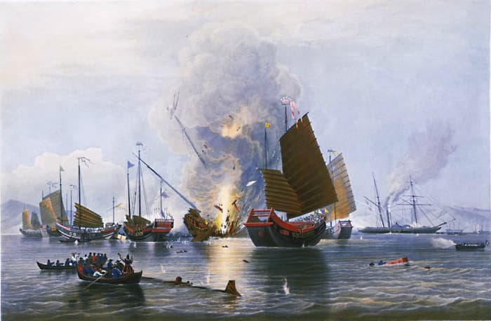 The British East India Company iron steam ship destroying the Chinese war junks during the First Opium War