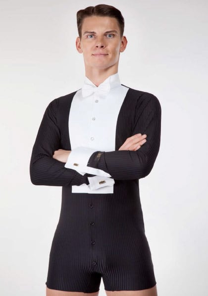 A bodysuit-style shirt from DSI, one of THE best ballroom dancewear suppliers. Only the front and cuffs are shirt material, the rest is comfortable stretch fabric.