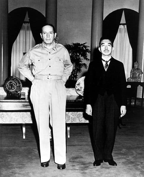 General Douglas MacArthur and Hirohito in a photo taken at their famous post-war meeting, portrayed in the film, 'Emperor'.