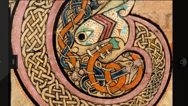 Animal illustration - detail from Kells. The artwork is possibly influenced by Norse mythology. Jormungand, the World Serpent is wrapped around Midgard, the world of men