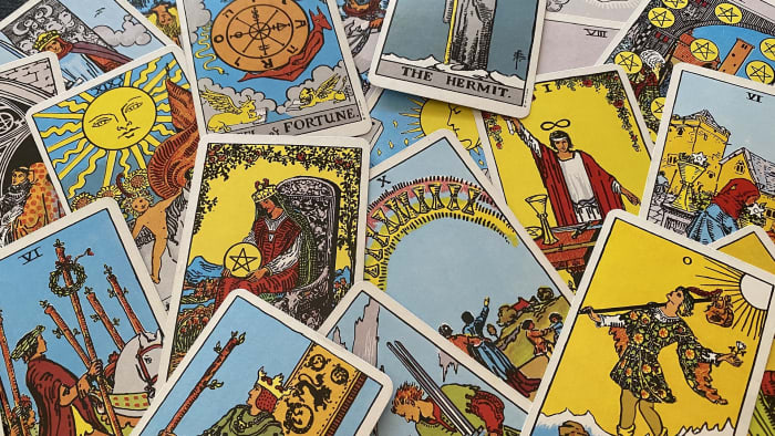 Images from the Rider-Waite Tarot deck, the world's most popular, feature primary colors and relatable symbols.