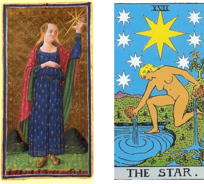 This Star card means material and spiritual success; the "balanced life" ideal. Does it come on a silver platter? No. Note that both images (15th and 20th century versions) have mountains in the background, representing challenges overcome.