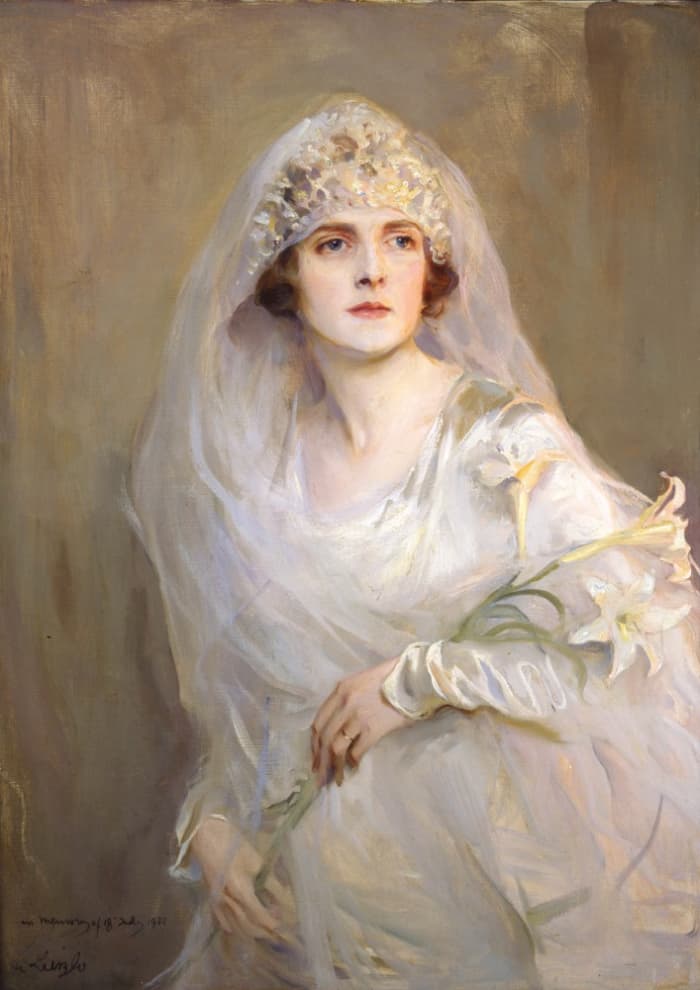 Edwina Ashley on her wedding day. She married Lord Louis "Dickie" Mountbatten, a cousin of King George V of Britain in July 1922.The portrait was completed the following year.
