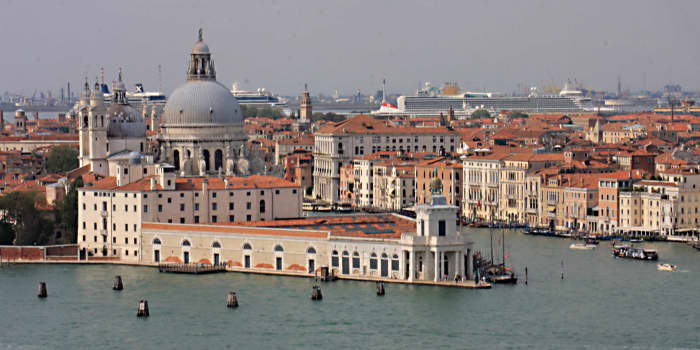 The domed church of La Salute - one of Venice's most famous landmarks - photographed from the bell tower on one of the other islands in the lagoon, San Giorgio Maggiore