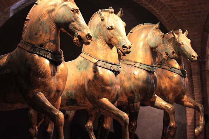 The four bronze horses. A replica of this statue stands outside the Basilica, but this is the genuine original in the mseum
