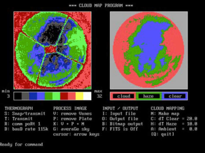 A thermograph of a cloud (image on right), from the Mallama et al IR cloud detector makes visible the sense of Wells' observations. Image courtesy of Mallama et Al and NASA.