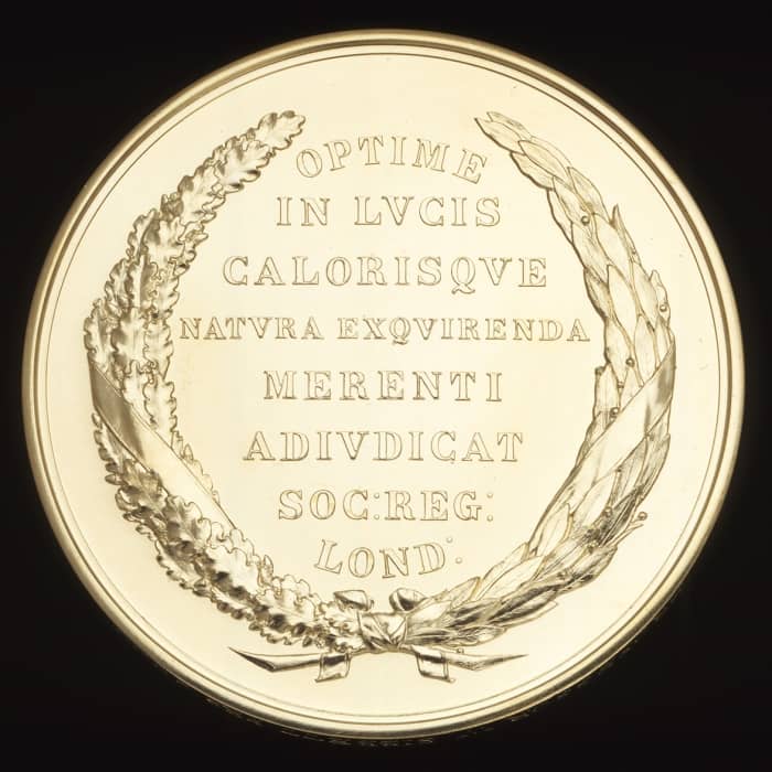 Rumford medal, reverse. The inscriptions translates roughly as "Judged best in the study of the nature of radiant heat by the Royal Society, London."