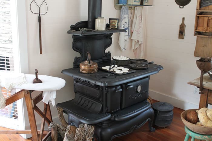 Wood cook stoves used in vintage kitchens. Many kitchens were built separate of the house as kitchens often caught fire.