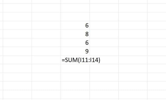 The SUM function is shown in the above illustration summing a range of four cells with the first cell of the range followed by a colon and the last cell of the range.
