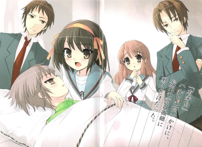 Noizi Ito's artwork in "The Surprise of Haruhi Suzumiya" portraying Nagato, fallen ill from Sky Canopy Dominion's communication attempts.