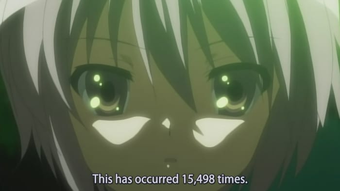 Nagato revealing to the SOS Brigade how many times they've been through the time loop, as she's the only one who remembers previous loops.