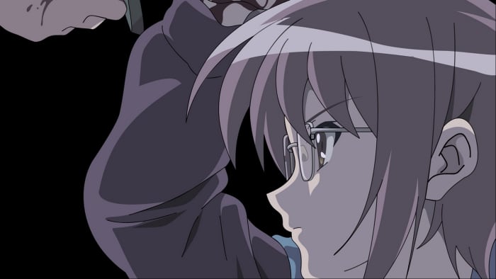 Nagato Yuki grips a knife blade with her bare hands after her opponent attempts to stab her. That's pretty strong if you ask me.