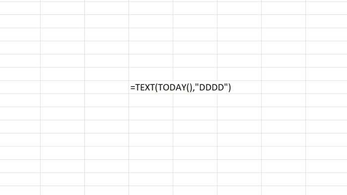 The TEXT function is shown above where it takes today's date represented by the TODAY function and displays Monday as the new format.