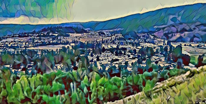 A still from a video taken from a viewpoint on Mount Boucherie. Artistic style added using Befunky software. Done in "pastel" style.