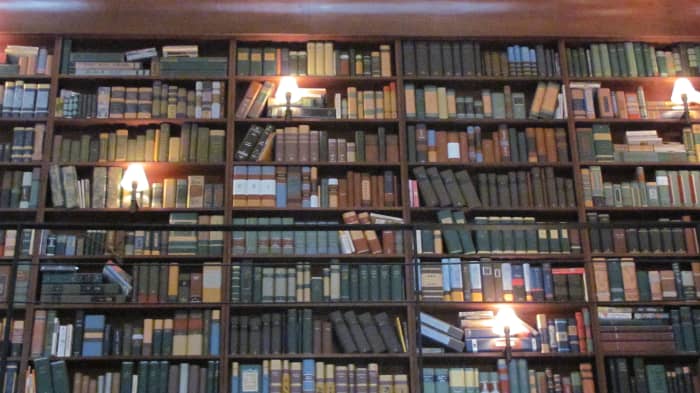 This is called the "Library Bar." The bartender, whose name was John of course, told us the books at a slant were real and the ones sitting straight up were fake. Kinda cool factoid.