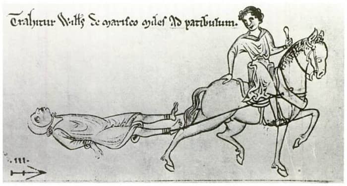 The drawing of William de Marisco, 13th-century England. The first phase of drawing, hanging, and quartering. Courtesy Wikimedia Commons.