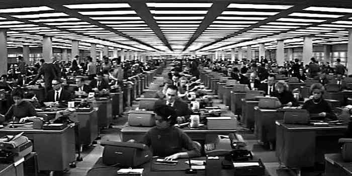 The vast impersonal office in which C.C Baxter is just one of hundreds. (In the picture, he is actually centre frame, fifth desk back from the front)